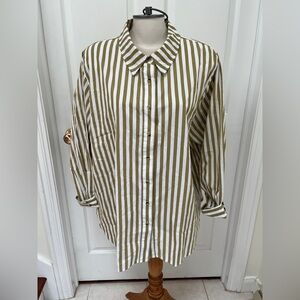 The Shirt Tribal Striped Button-Up Shirt in Olive and White plus size